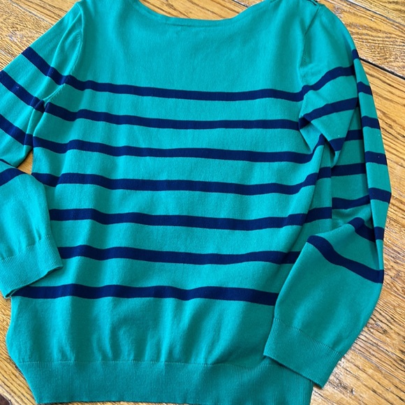 Tommy Hilfiger Pima Cotton sweater. Green/navy stripe gold buttons, Size Large. - Picture 9 of 13